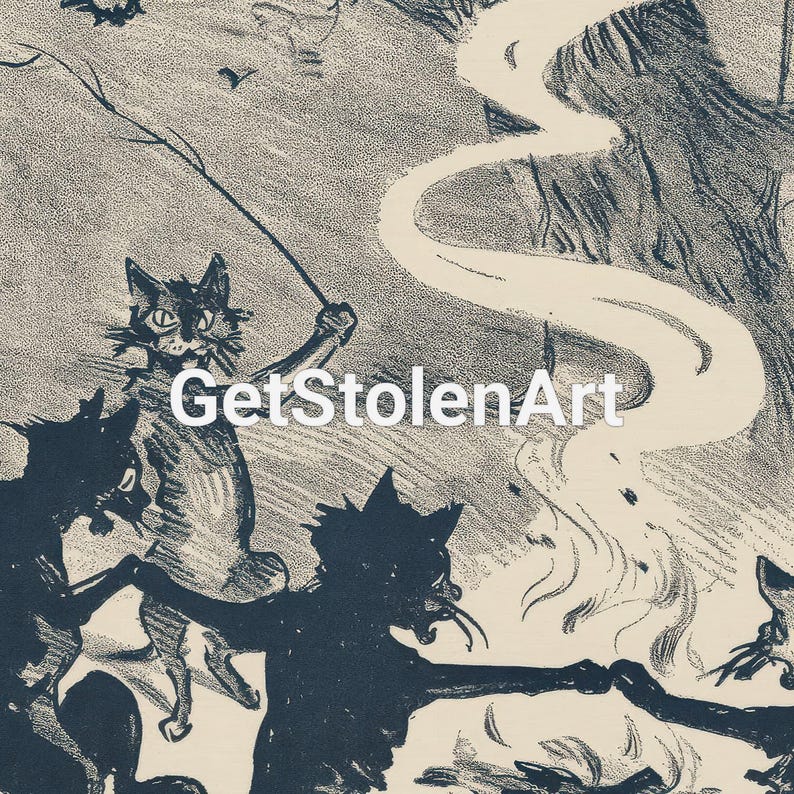 May include: Black and white illustration featuring several cats in a forest setting. One cat holds a stick, while others appear to be interacting near a smoky area. The text "GetStolenArt" is overlaid on the image.