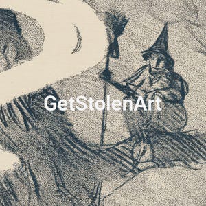 May include: A vintage-style sketch depicts a witch riding a broomstick, rendered in dark blue ink on a cream-colored background. The text "GetStolenArt" is overlaid in white. The artwork evokes a whimsical, historical aesthetic.