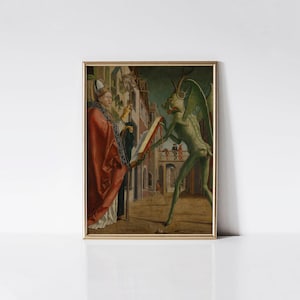 May include: A framed print of a Renaissance-style painting. The artwork depicts a robed figure with a bishop's hat facing a green, winged demon. The demon holds a book, and the background shows a street scene with buildings and figures.