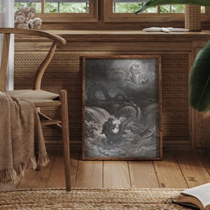 The Destruction of Leviathan, Gustave Doré Bible art print, Dark moody sea serpent drawing. image 8