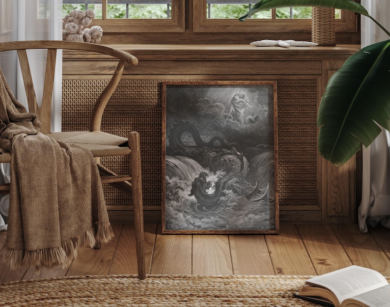 The Destruction of Leviathan, Gustave Doré Bible art print, Dark moody sea serpent drawing. image 8