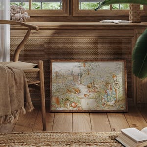 Peter Rabbit en el huerto, impresión de pintura de acuarela de Beatrix Potter, arte de pared de guardería vintage, idea de regalo para baby shower. imagen 8