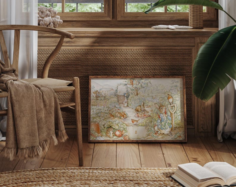 Peter Rabbit en el huerto, impresión de pintura de acuarela de Beatrix Potter, arte de pared de guardería vintage, idea de regalo para baby shower. imagen 8
