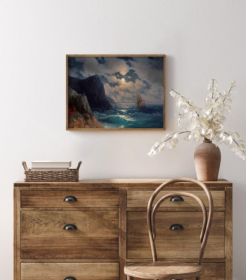 Passing Ship on a Moonlight Night, Ivan Aivazovsky print, Ship painting, Moonlit sky art, Seascape wall decor, Nautical wall art. image 7