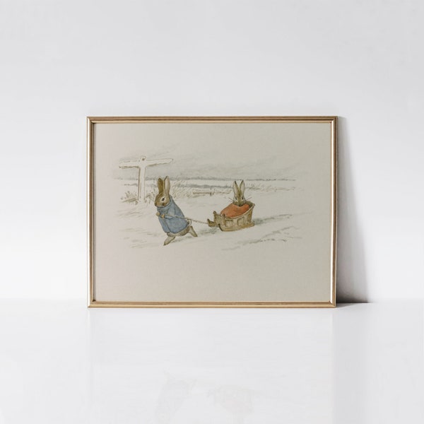 Peter Rabbit and Benjamin Bunny sledging, Beatrix Potter print, Bunnies watercolor painting, Vintage nursery wall art, Baby shower gift.