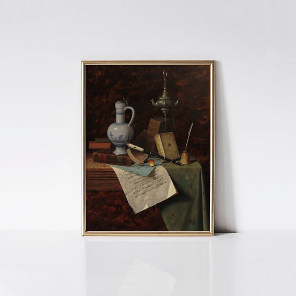 My gems, Still life print, Still life painting with piccolo flute, tobacco pipe and sheet music, Trompe-l'oeil painting, Lounge wall art.