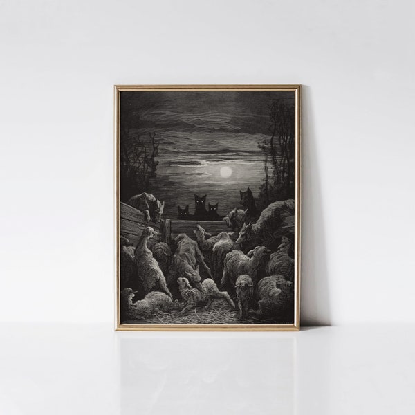 The wolves and the sheep, Gustave Doré print, Dark moody engraving, Gothic wall art.