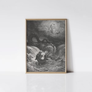 The Destruction of Leviathan, Gustave Doré Bible art print, Dark moody sea serpent drawing. image 1