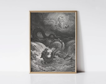 The Destruction of Leviathan, Gustave Doré Bible art print, Dark moody sea serpent drawing.