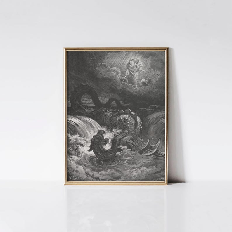 The Destruction of Leviathan, Gustave Doré Bible art print, Dark moody sea serpent drawing. image 1