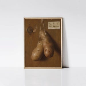 The Irish Question, Vintage kitchen vegetable print, Potatoes hanging on wall painting.