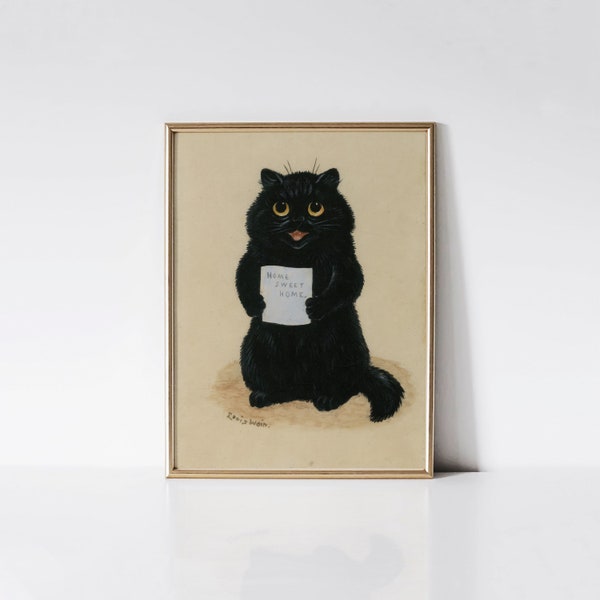 Home Sweet Home, Vintage animal print, Black cat, Housewarming gift, Louis Wain print, Louis Wain cat, Cat décor.
