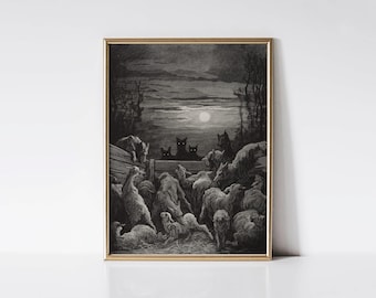 The wolves and the sheep, Gustave Doré print, Dark moody engraving, Gothic wall art.