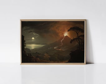 The Eruption of Vesuvius 1825 by Sebastian Pether print, Dark Moody Volcano Poster, Antique Landscape Painting, Dramatic Living Room Decor