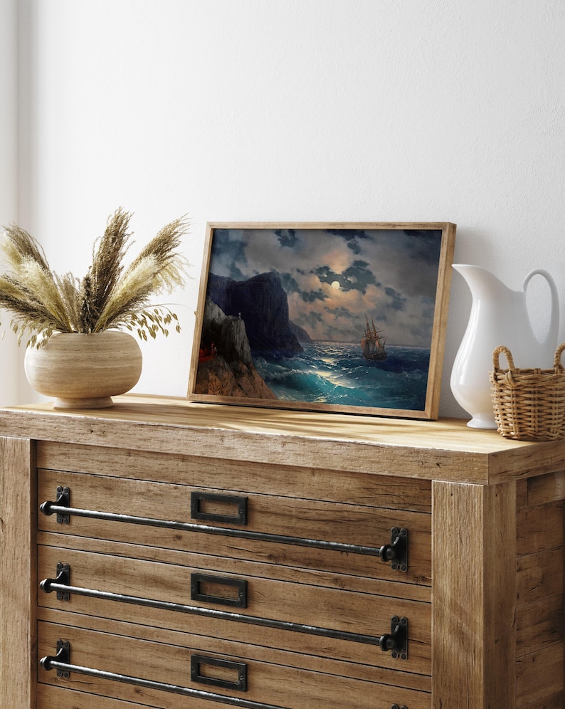 Passing Ship on a Moonlight Night, Ivan Aivazovsky print, Ship painting, Moonlit sky art, Seascape wall decor, Nautical wall art. image 9
