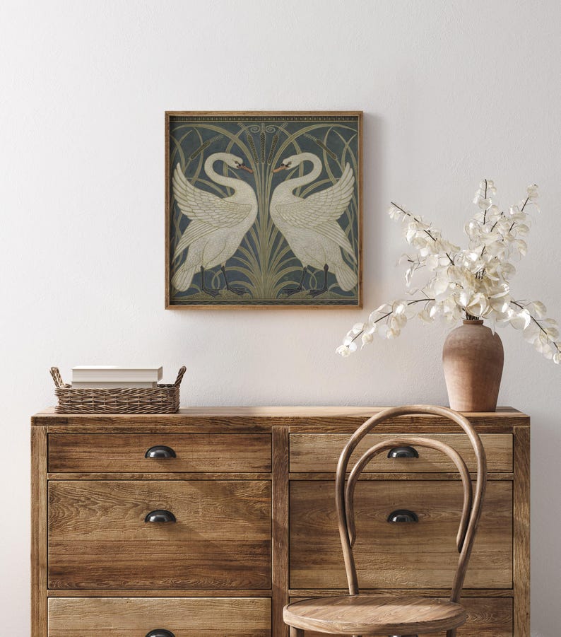 Swan, Rush and Iris, Swan painting, Bird wall art, Art nouveau, Walter Crane wallpaper design, Arts and crafts, Square art print, Vintage. Bild 7