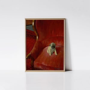 Vintage pug puppy print, Puppy still life painting, Red wall art.