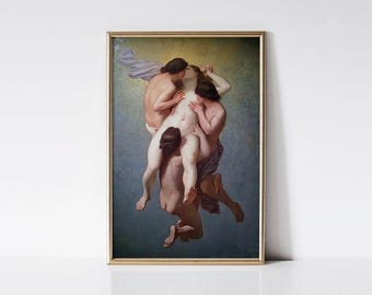Może przedstawiać: Oprawiony klasyczny obraz przedstawiający kilka nagich postaci w dynamicznej kompozycji. Dzieło sztuki przedstawia centralną postać kobiecą trzymaną przez kilka innych postaci, z miękkim oświetleniem i stonowanymi kolorami.