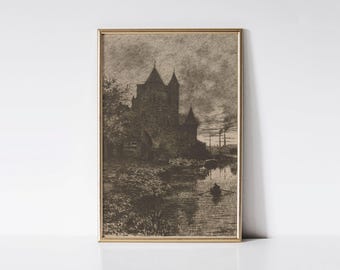 Amsterdamse Poort, Dark moody landscape print, Dutch landmark painting, Gothic wall art, Moody landscape painting, Dark academia art.