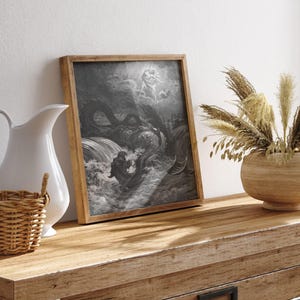The Destruction of Leviathan, Gustave Doré Bible art print, Dark moody sea serpent drawing. image 9