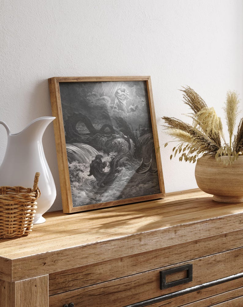 The Destruction of Leviathan, Gustave Doré Bible art print, Dark moody sea serpent drawing. image 9
