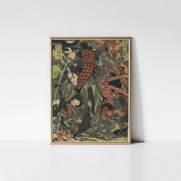 Miyamoto Musashi Killing A Monster Bat, Utagawa Kuniyoshi print, Japanese warrior painting, Ukiyo-e vintage wall art.