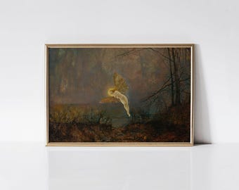 Midsummer Night, John Atkinson Grimshaw print, Midsummer fairy painting, Victorian dark moody landscape art.