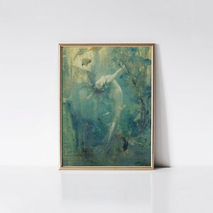 Sirene, Vintage mermaid painting print, Mythological fairy tale art, Magical nautical fantasy.