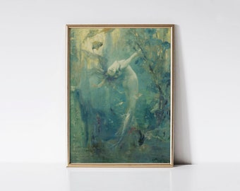 Sirene, Vintage mermaid painting print, Mythological fairy tale art, Magical nautical fantasy.