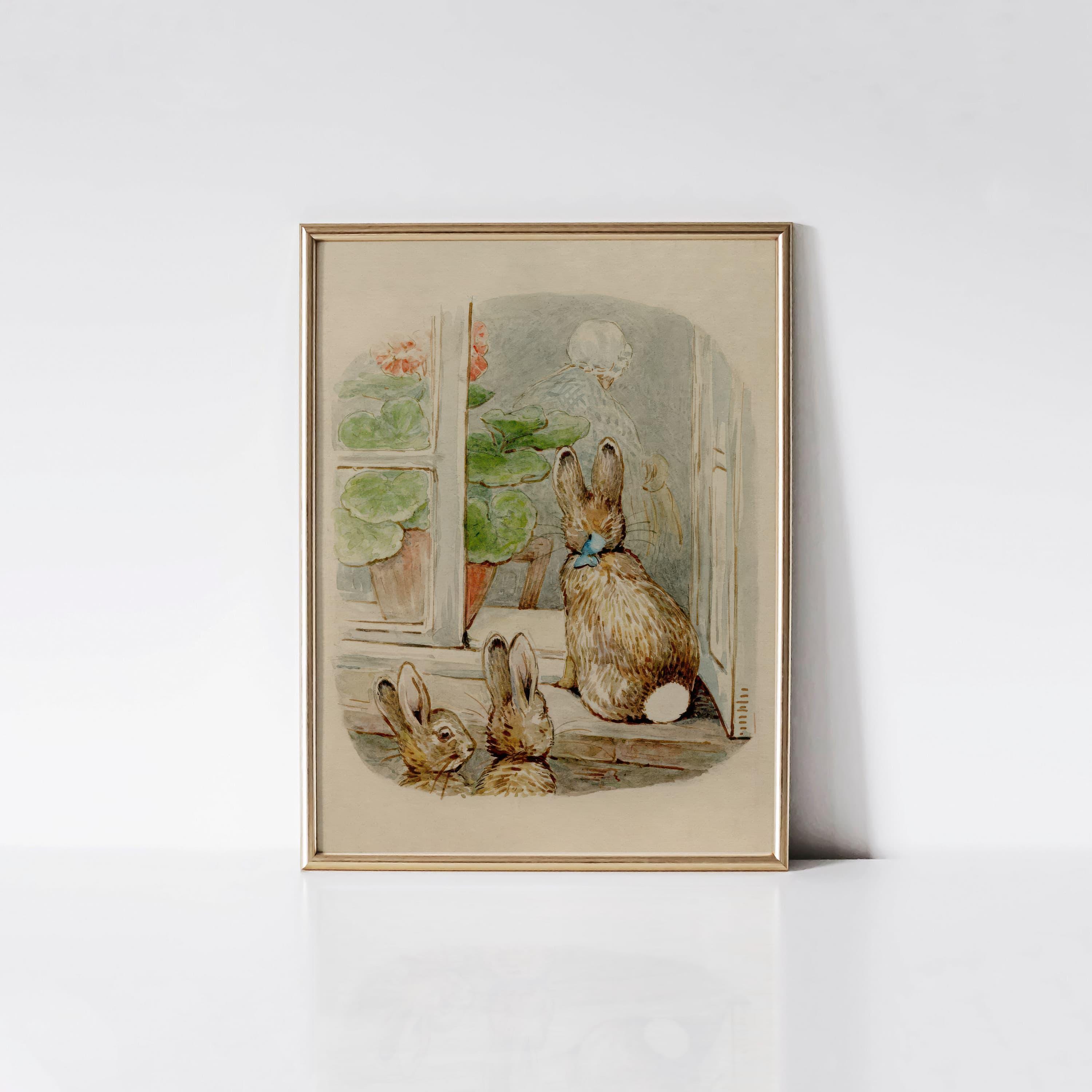 Rabbits sitting in window, Beatrix Potter Flopsy Bunnies art print, Vintage nursery wall art, Bunnies watercolor painting.
