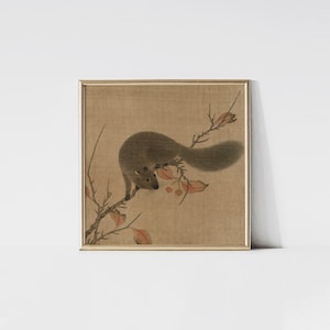 Antique Squirrel print, Squirrel on a Branch painting, Muted tones animal wall art, Vintage woodland wildlife painting.