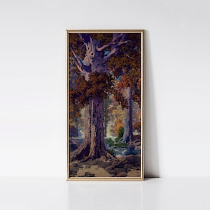 Autumn Woods 1927 by Maxfield Parrish print, Vintage American nature art, Autumn tree painting.
