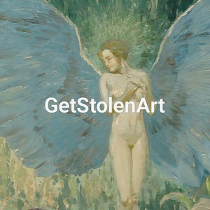 May include: An oil painting of a nude figure with large blue wings, set against a backdrop of green and blue hues. The text "GetStolenArt" is overlaid on the image. The artwork evokes a classical, ethereal theme.