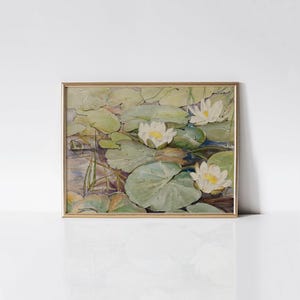 Drawing of water lilies, Beatrix Potter print, Lily pad painting, Greenery wall art.