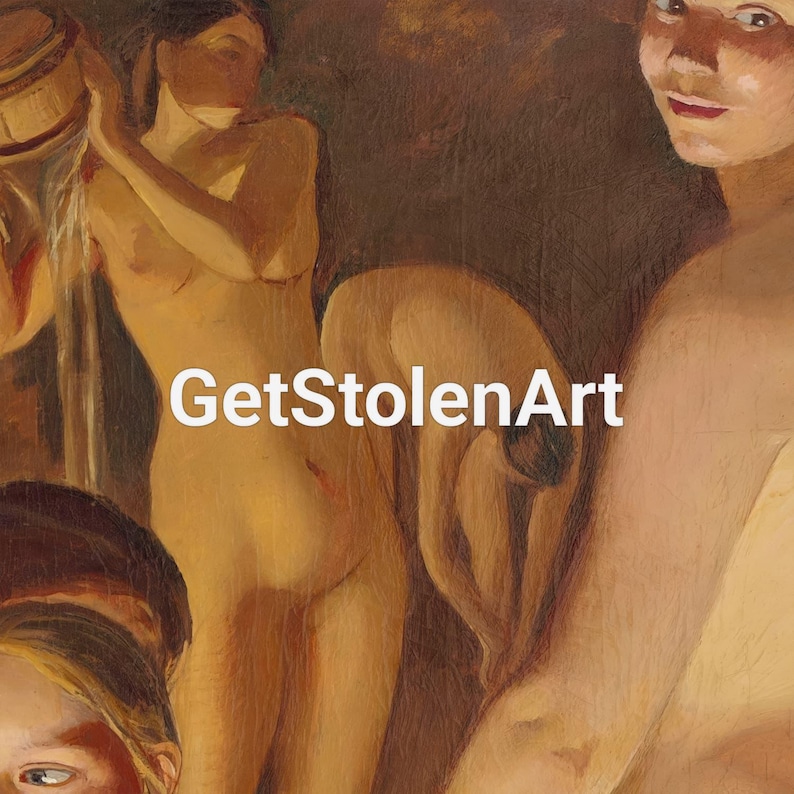 May include: An oil painting depicting nude figures in warm tones. The artwork features multiple figures, with one pouring water from a vessel. The text "GetStolenArt" is overlaid on the image.