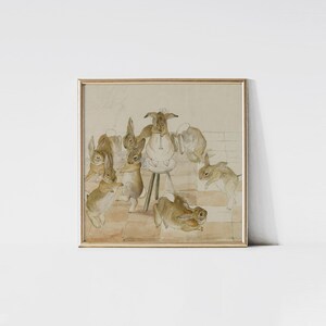 May include: A framed watercolor print featuring a gathering of rabbits. The rabbits are depicted in various poses, some standing upright, others lounging. The artwork has a soft, muted color palette with a vintage aesthetic, set against a neutral background.