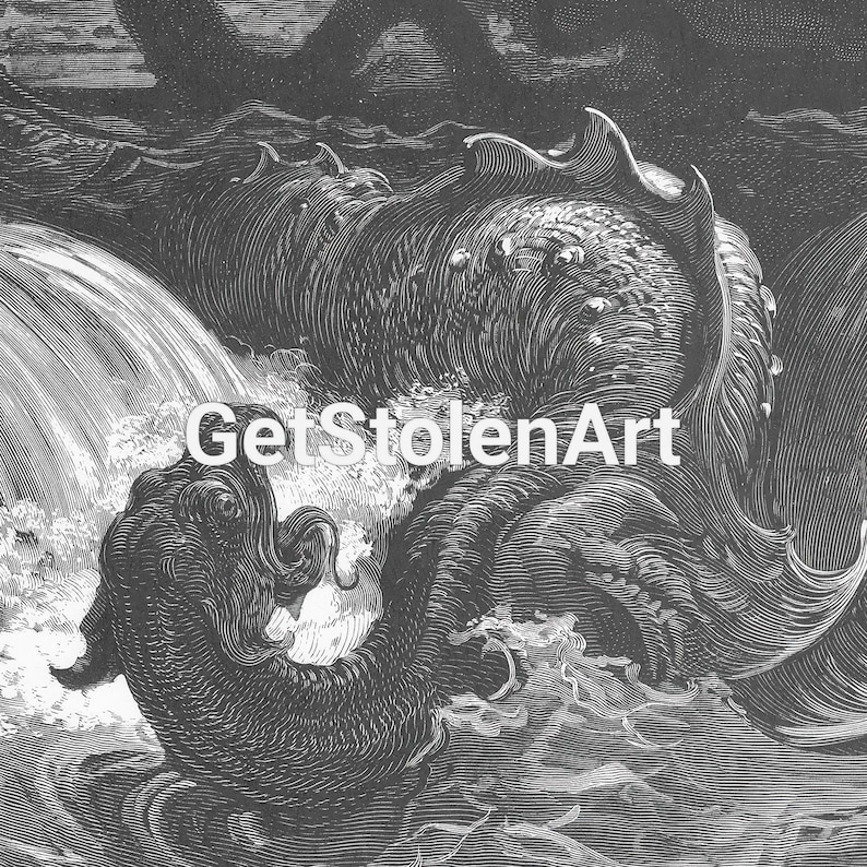 The Destruction of Leviathan, Gustave Doré Bible art print, Dark moody sea serpent drawing. image 5