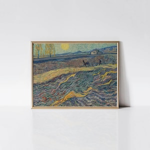Vincent van Gogh Enclosed Field with Ploughman 1889 print, Classic painting farmhouse decor, Rustic countryside living room wall art.