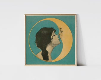 Woman Kissing the Moon, Crescent art, Vintage poster, bedroom wall décor.