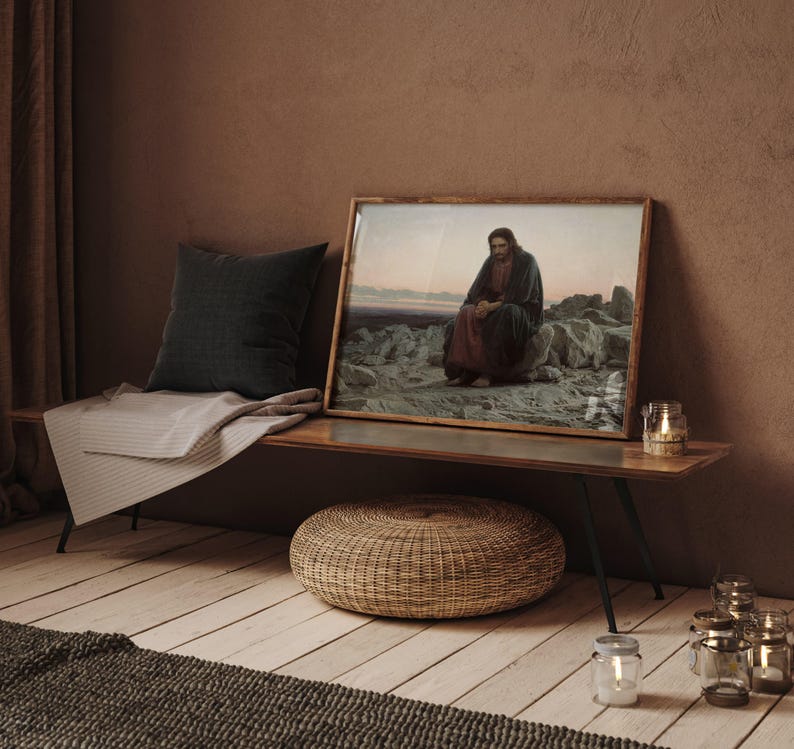 Christ in the Desert print, Biblical Jesus Christ painting, Jesus Fasting 40 days and 40 nights. image 2