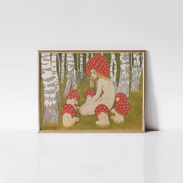 Mother Mushroom with her children, Woodland wall art, Mother nature art, Fairytale painting, Amanita mushroom, Vintage prints.