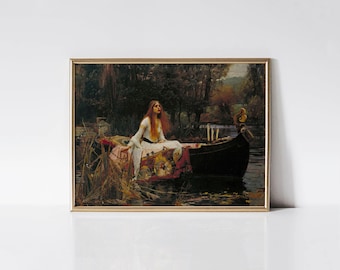 The Lady of Shalott 1888 by John William Waterhouse print, Gothic lady in boat painting, Victorian era ballade décor.