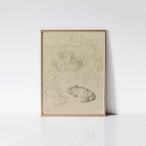 Peter Rabbit's Dream, Beatrix Potter drawing print, Vintage nursery wall art.