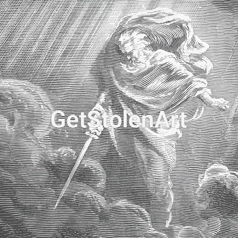The Destruction of Leviathan, Gustave Doré Bible art print, Dark moody sea serpent drawing. image 6