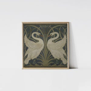 Swan, Rush and Iris, Swan painting, Bird wall art, Art nouveau, Walter Crane wallpaper design, Arts and crafts, Square art print, Vintage.