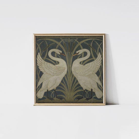 Swan, Rush and Iris, Swan painting, Bird wall art, Art nouveau, Walter Crane wallpaper design, Arts and crafts, Square art print, Vintage.