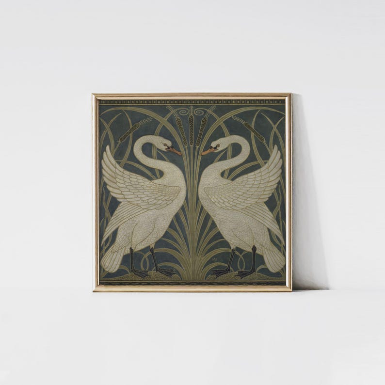 Swan, Rush and Iris, Swan painting, Bird wall art, Art nouveau, Walter Crane wallpaper design, Arts and crafts, Square art print, Vintage. Bild 1