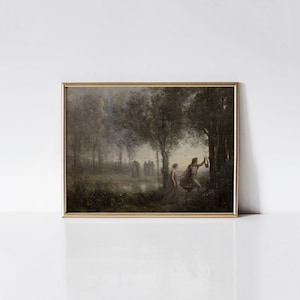 Orpheus Leading Eurydice from the Underworld by Jean-Baptiste-Camille Corot print, Greek mythology painting.