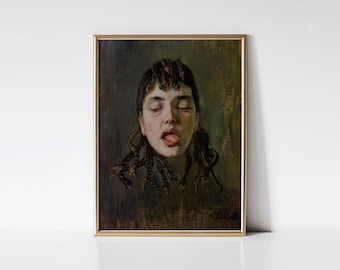 A Gorgon’s Head, Dark vintage oil painting print, Dark academia décor, Moody antique woman portrait, Gothic wall décor, Snakes.