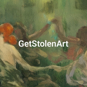 May include: Abstract painting with a green and brown color palette. The text "GetStolenArt" is displayed in white. The artwork features a blend of organic shapes and textures, creating a sense of depth and movement.